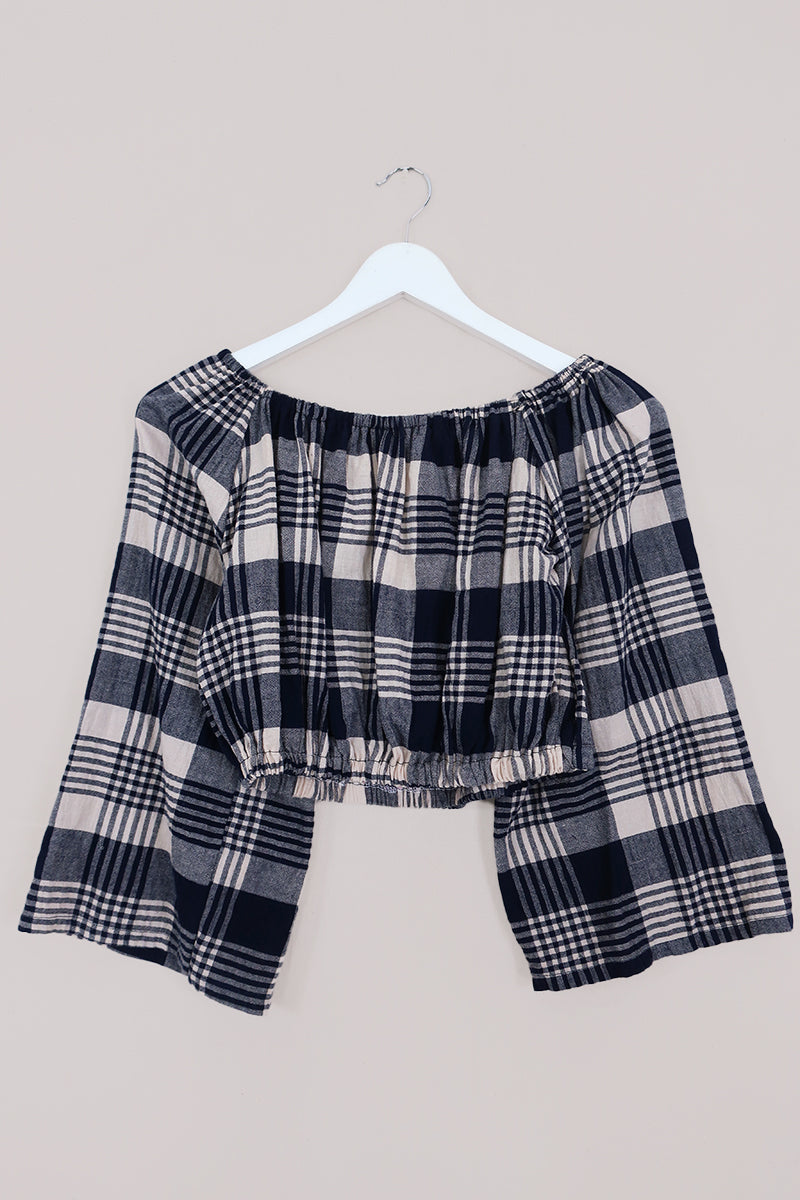 Kitty Reclaimed Crop Top in Blue & Off-White Plaid - Free Size L