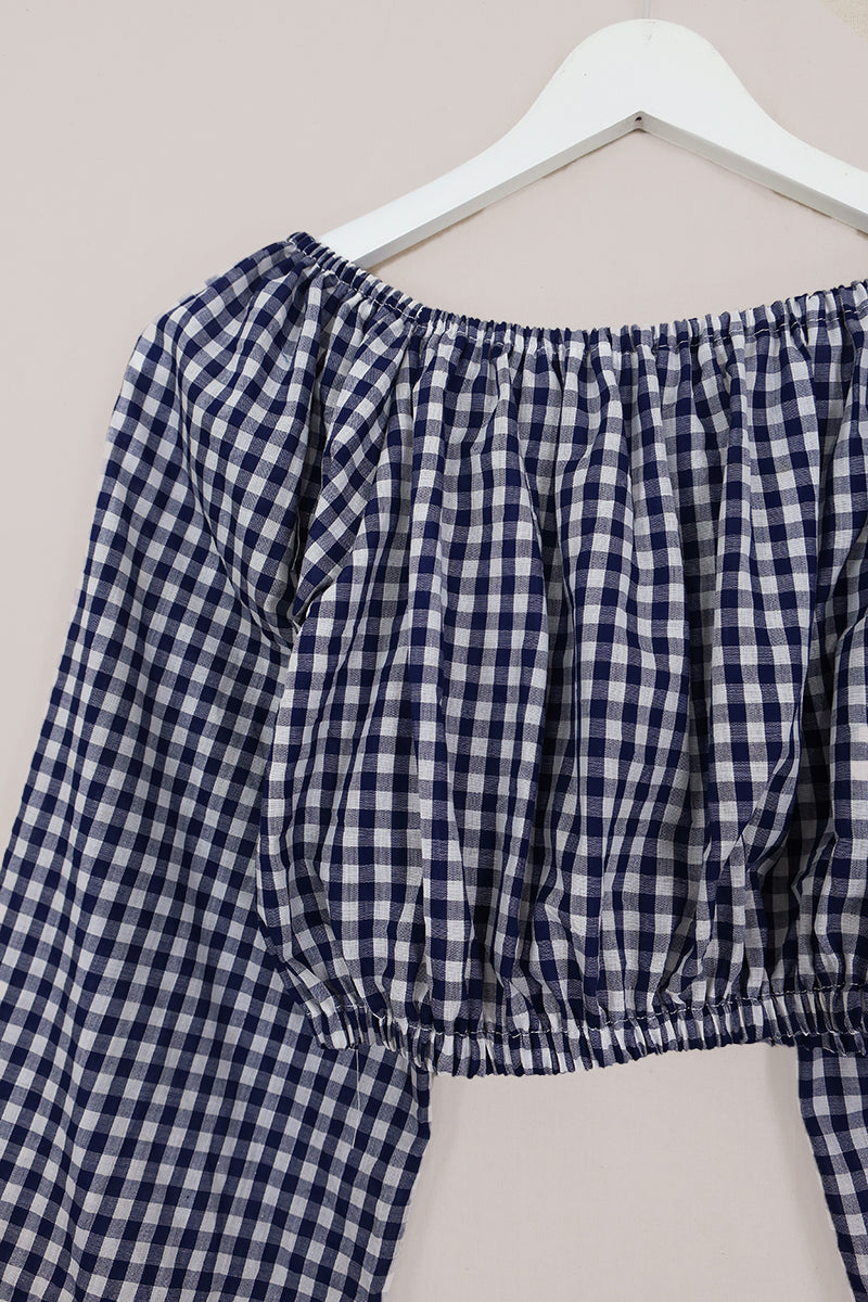 Kitty Reclaimed Crop Top in French Blue Gingham - Free Size L