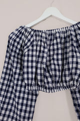 Kitty Reclaimed Crop Top in Jewel Blue & White Check - Free Size S