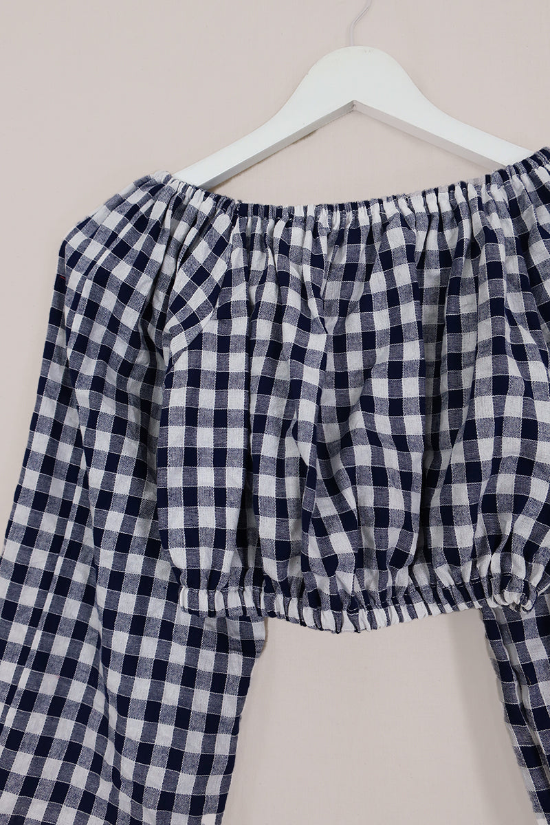 Kitty Reclaimed Crop Top in Jewel Blue & White Check - Free Size S