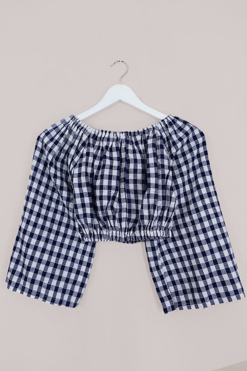 Kitty Reclaimed Crop Top in Jewel Blue & White Check - Free Size S