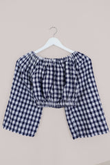 Kitty Reclaimed Crop Top in Jewel Blue & White Check - Free Size S