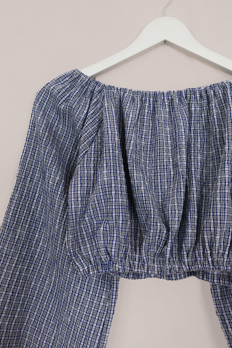 Kitty Reclaimed Crop Top in Blue & River Green Check - Free Size S
