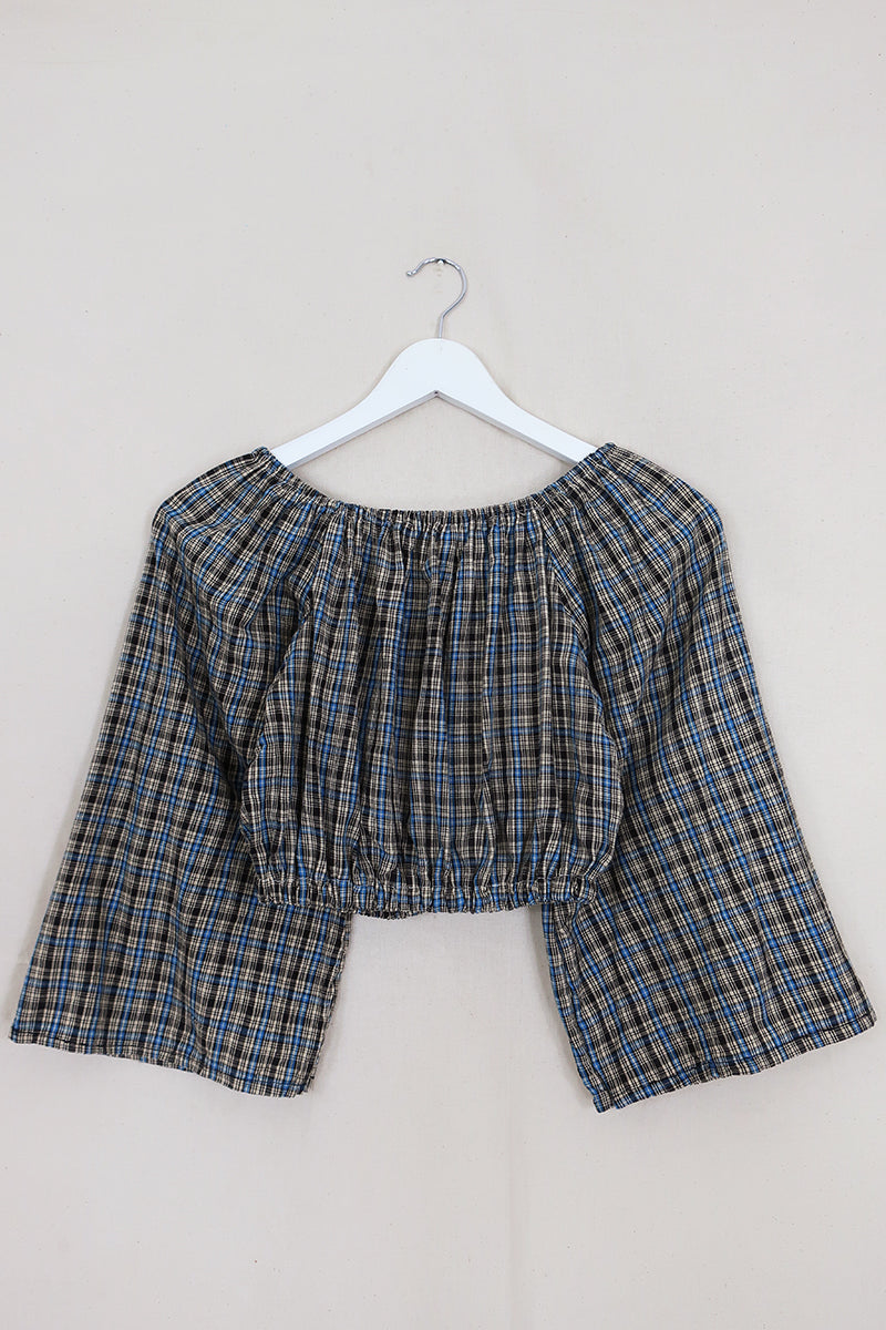 Kitty Reclaimed Crop Top in Cobalt & Sand Gingham - Free Size S