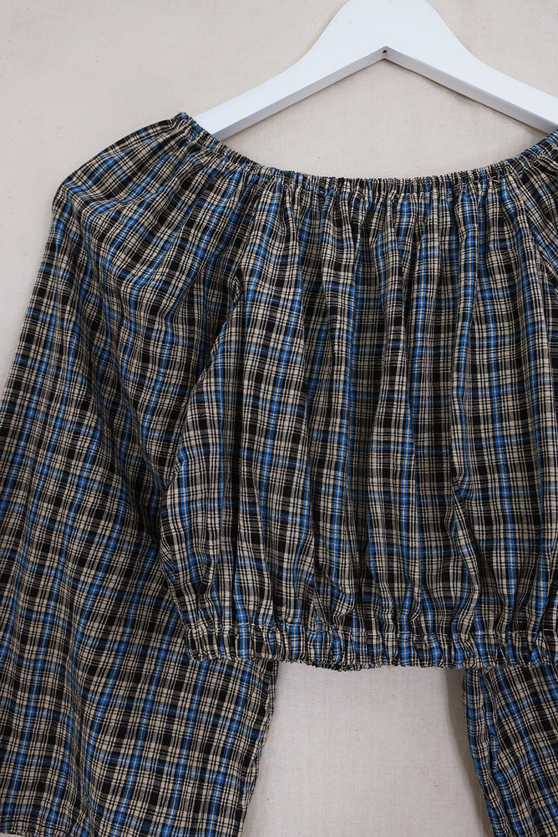Kitty Reclaimed Crop Top in Cobalt & Sand Gingham - Free Size S