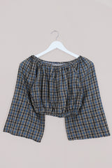 Kitty Reclaimed Crop Top in Cobalt & Sand Gingham - Free Size S