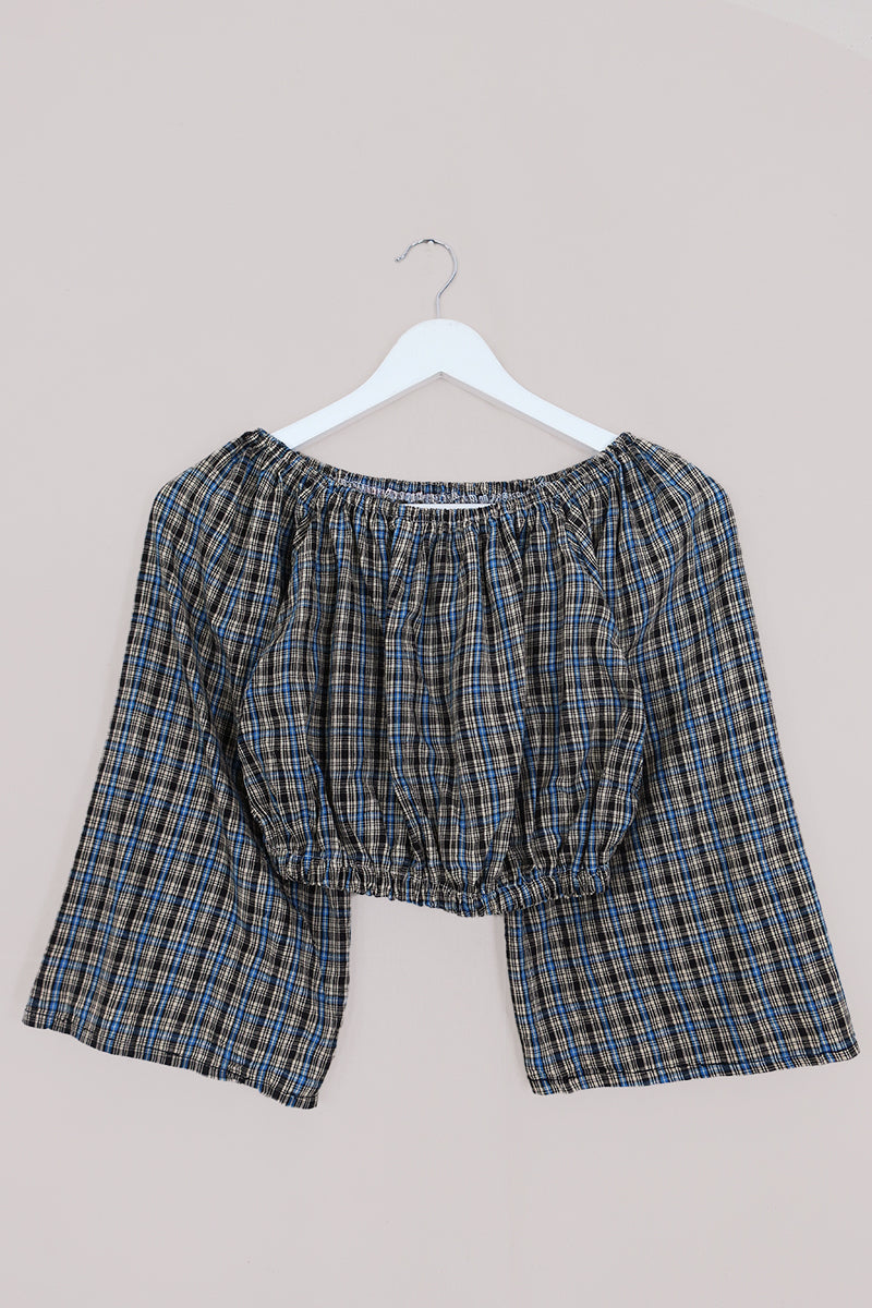 Kitty Reclaimed Crop Top in Cobalt & Sand Gingham - Free Size S