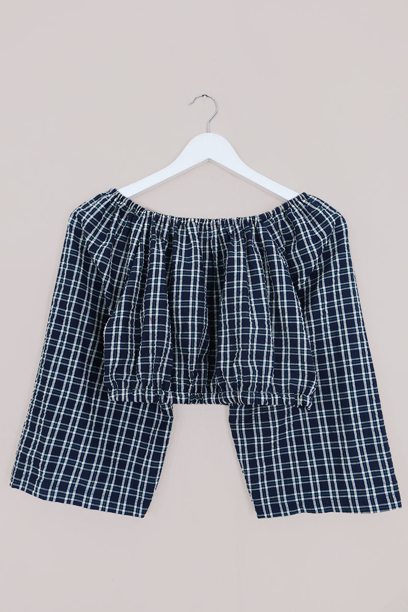Kitty Reclaimed Crop Top in Sapphire Blue Tartan - Free Size L