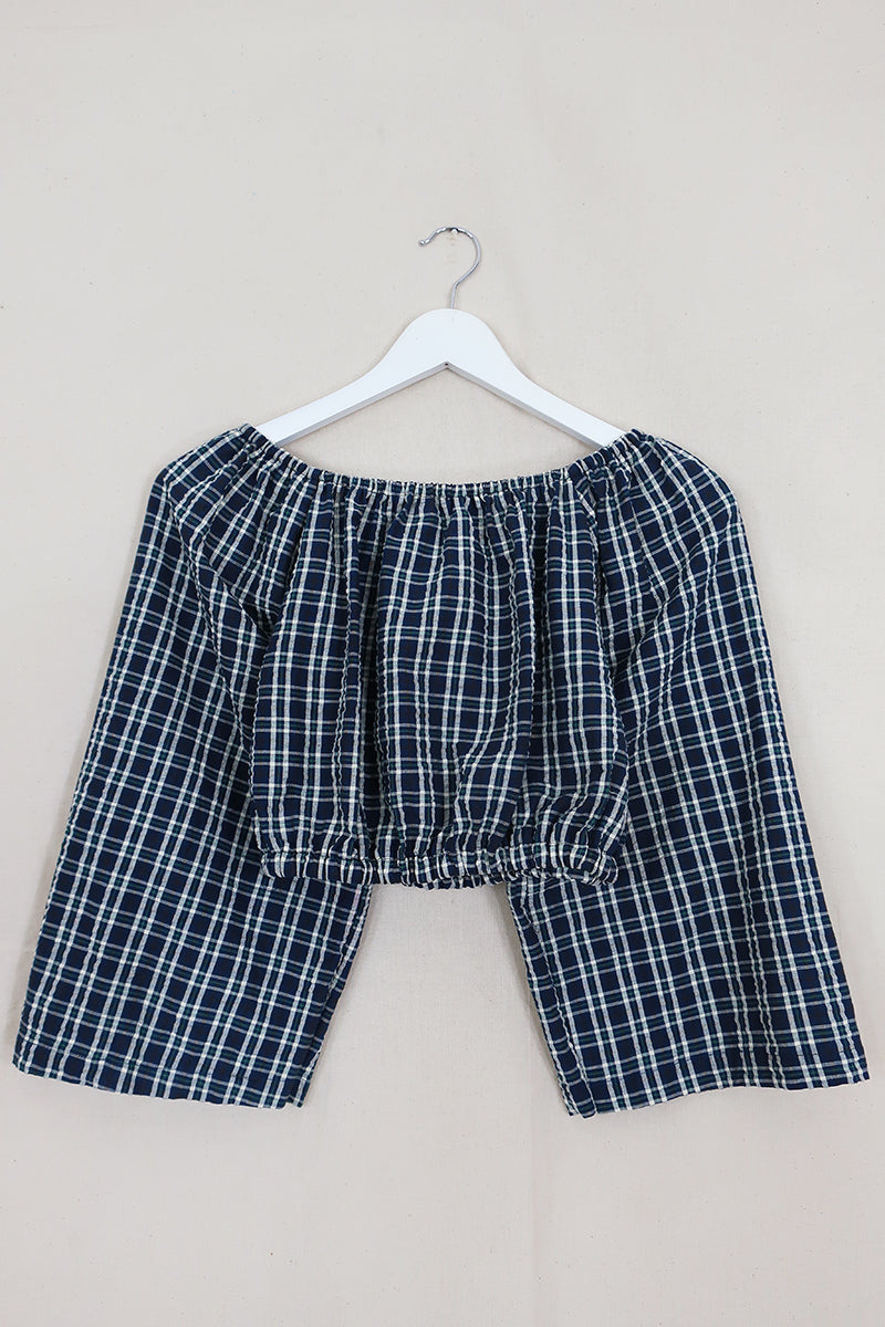 Kitty Reclaimed Crop Top in Sapphire Blue Tartan - Free Size L