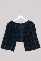 Kitty Reclaimed Crop Top in Jade & Navy Tartan - Free Size S