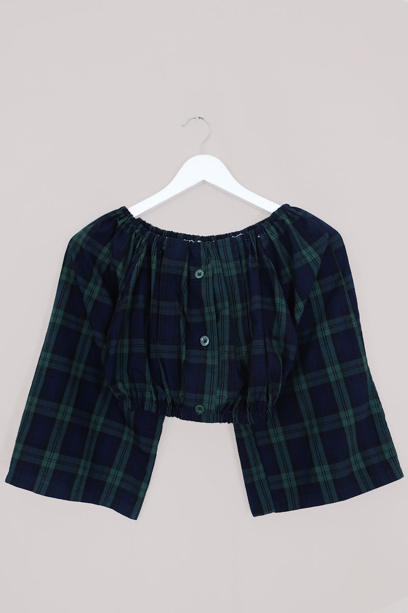 Kitty Reclaimed Crop Top in Jade & Navy Tartan - Free Size S