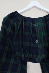 Kitty Reclaimed Crop Top in Jade & Navy Tartan - Free Size S