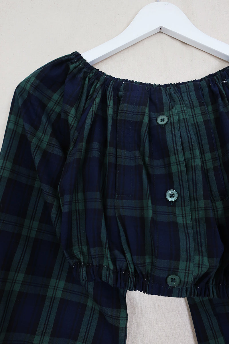Kitty Reclaimed Crop Top in Jade & Navy Tartan - Free Size S
