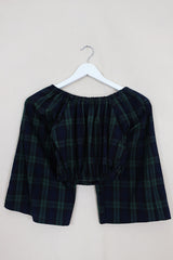 Kitty Reclaimed Crop Top in Jade & Navy Tartan - Free Size S