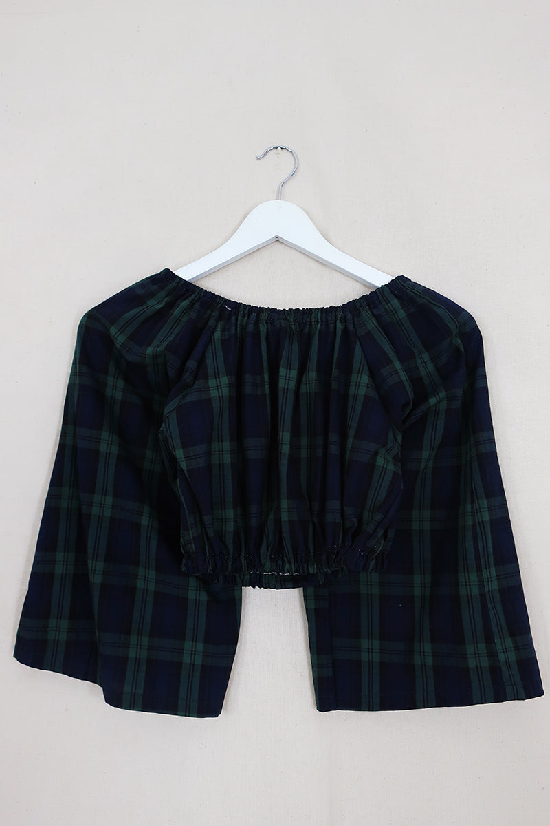 Kitty Reclaimed Crop Top in Jade & Navy Tartan - Free Size S