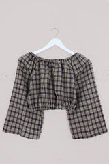 Kitty Reclaimed Crop Top in Olive & Hazel Gingham - Free Size S