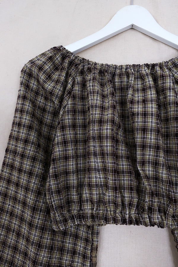 Kitty Reclaimed Crop Top in Olive & Hazel Gingham - Free Size S