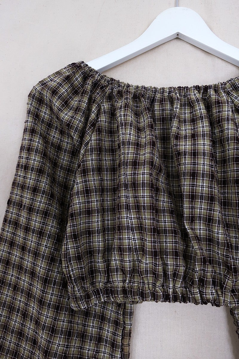 Kitty Reclaimed Crop Top in Olive & Hazel Gingham - Free Size S