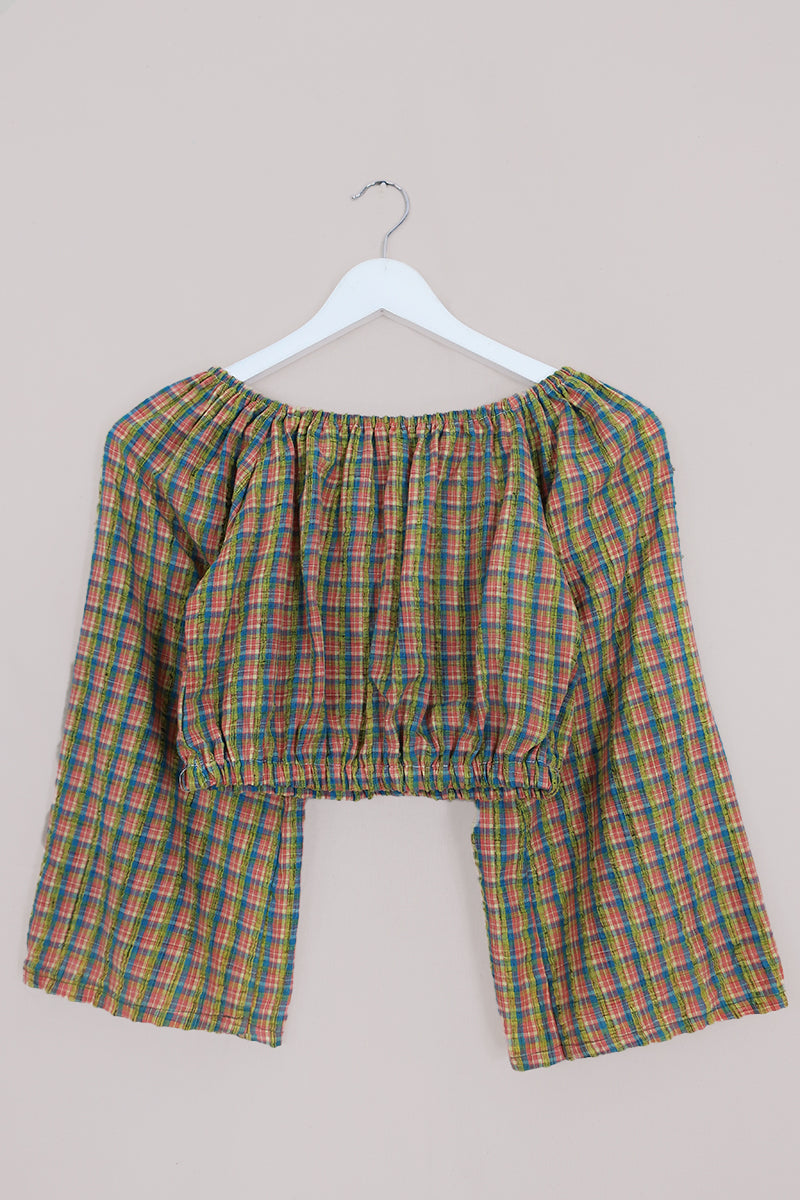 Kitty Reclaimed Crop Top in Vibrant Woven Tartan - Free Size S