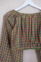 Kitty Reclaimed Crop Top in Vibrant Woven Tartan - Free Size S