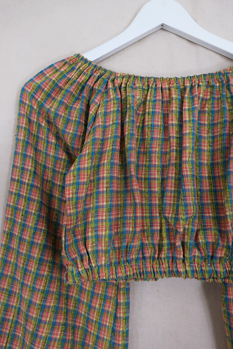 Kitty Reclaimed Crop Top in Vibrant Woven Tartan - Free Size S
