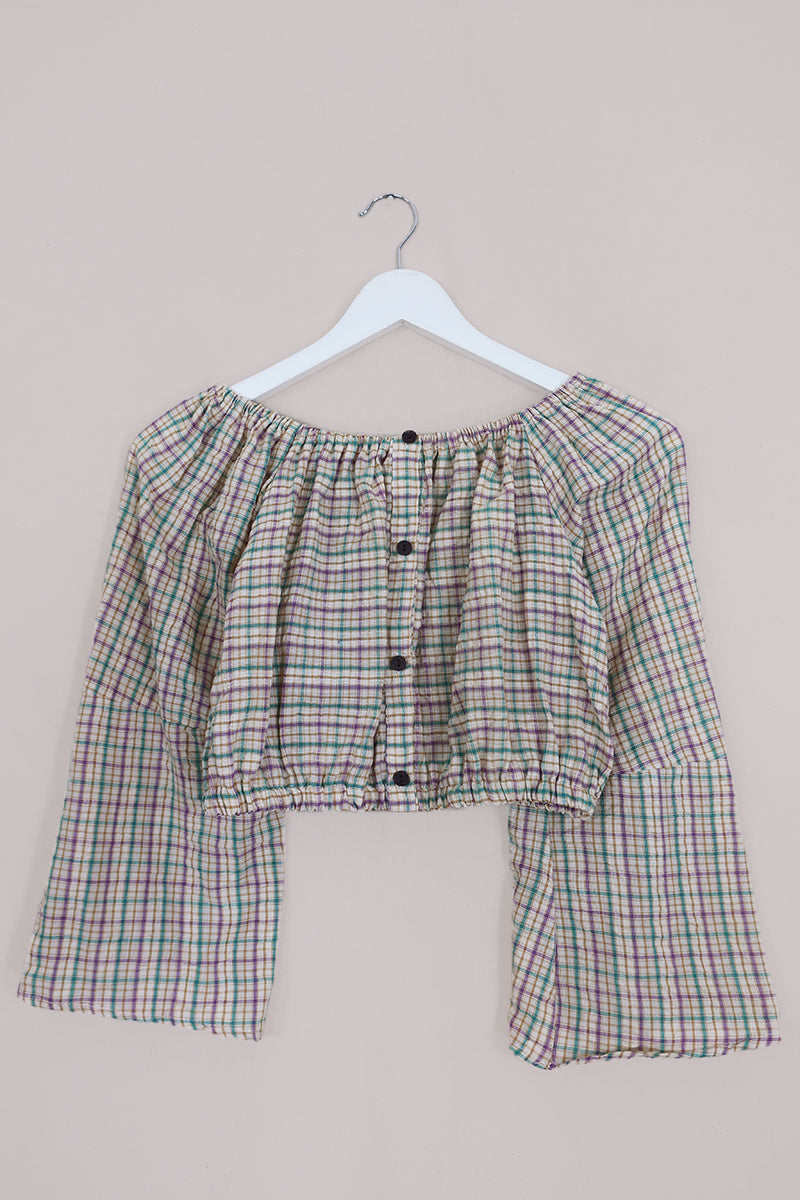 Kitty Reclaimed Crop Top in Heather & Maize Gingham - Free Size L