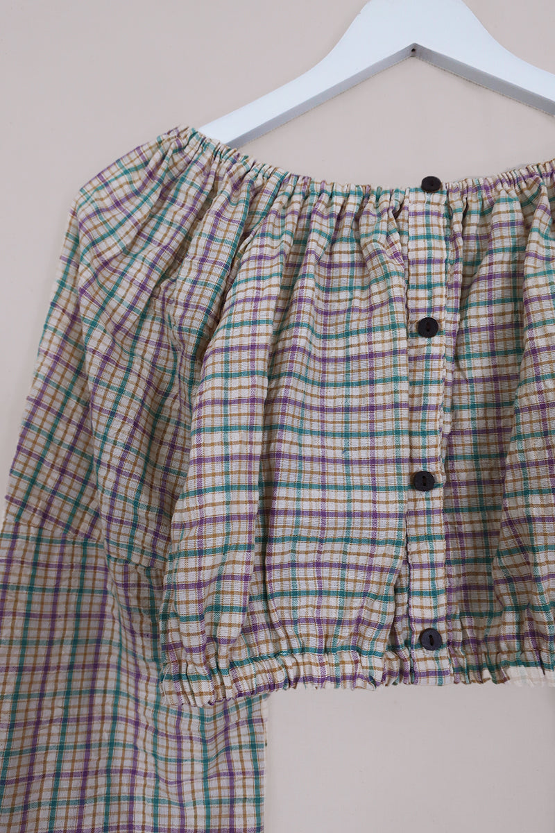 Kitty Reclaimed Crop Top in Heather & Maize Gingham - Free Size L