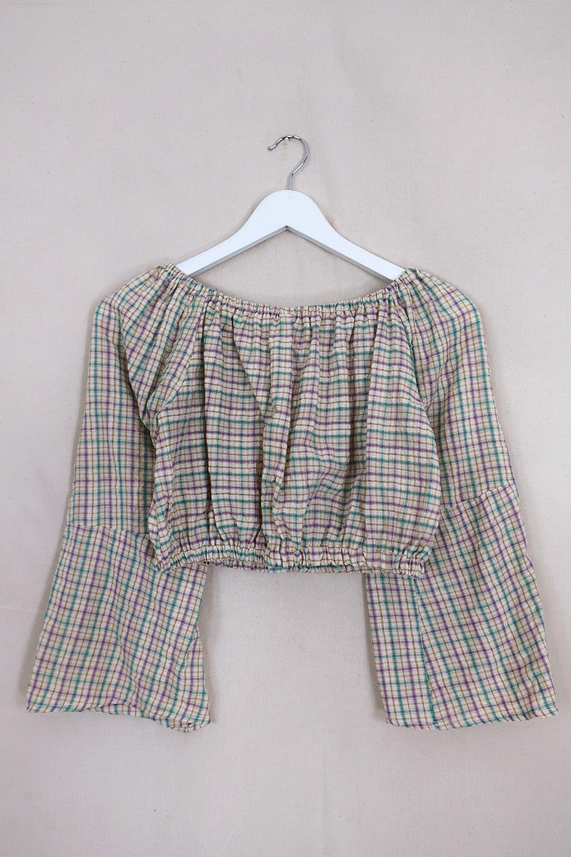 Kitty Reclaimed Crop Top in Heather & Maize Gingham - Free Size L