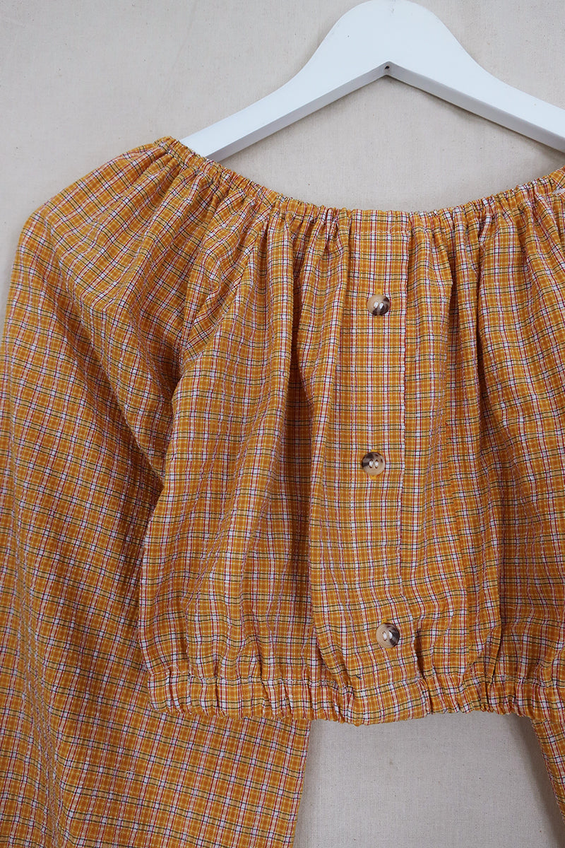 Kitty Reclaimed Crop Top in Sunset Yellow Gingham - Free Size S