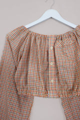 Kitty Reclaimed Crop Top in Apricot Orange Check - Free Size S