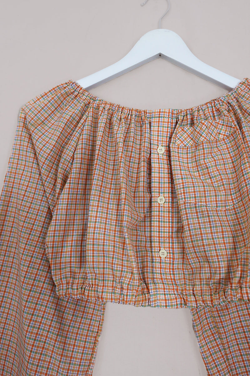 Kitty Reclaimed Crop Top in Apricot Orange Check - Free Size S