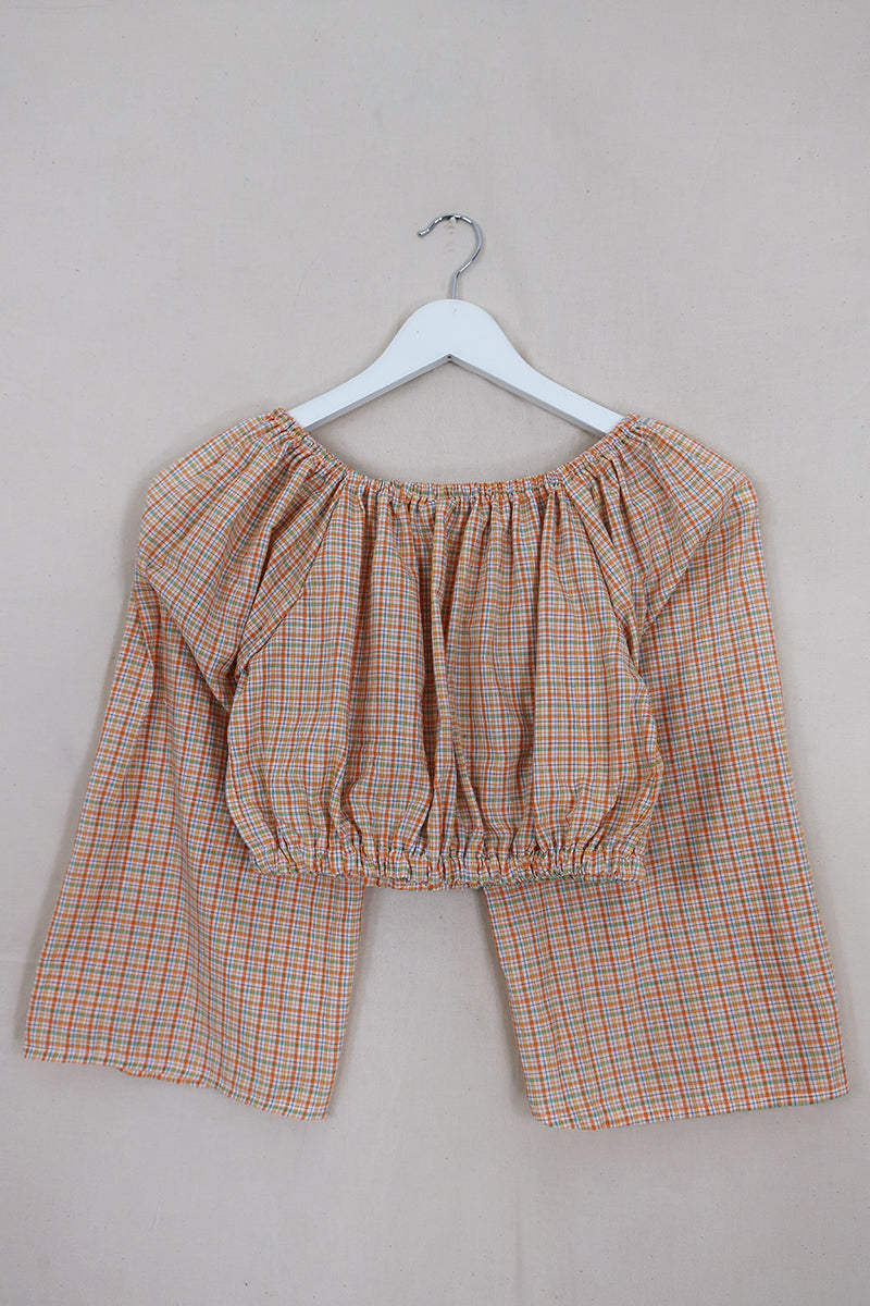 Kitty Reclaimed Crop Top in Apricot Orange Check - Free Size S
