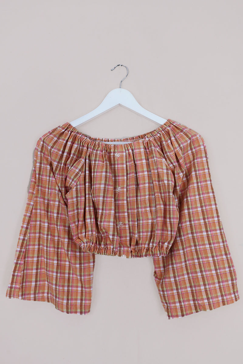Kitty Reclaimed Crop Top in Peach Cobbler Tartan - Free Size S
