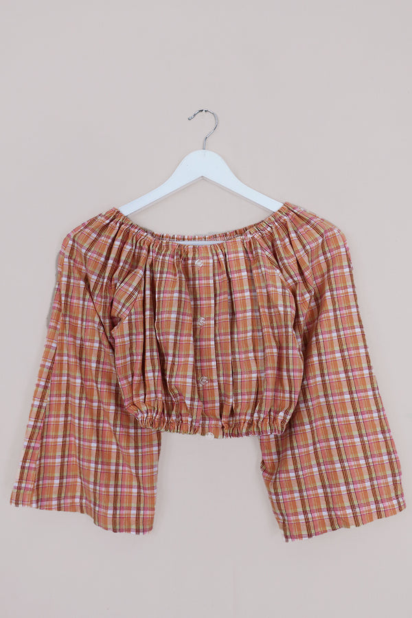 Kitty Reclaimed Crop Top in Peach Cobbler Tartan - Free Size S