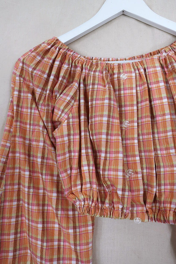 Kitty Reclaimed Crop Top in Peach Cobbler Tartan - Free Size S