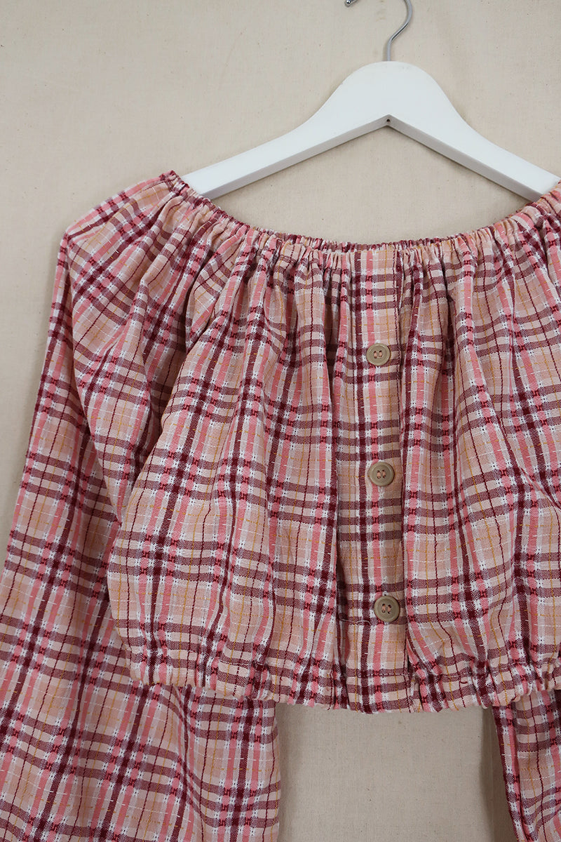 Kitty Reclaimed Crop Top in Peach & Pink Gingham - Free Size S