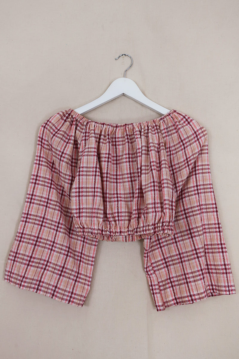 Kitty Reclaimed Crop Top in Peach & Pink Gingham - Free Size S