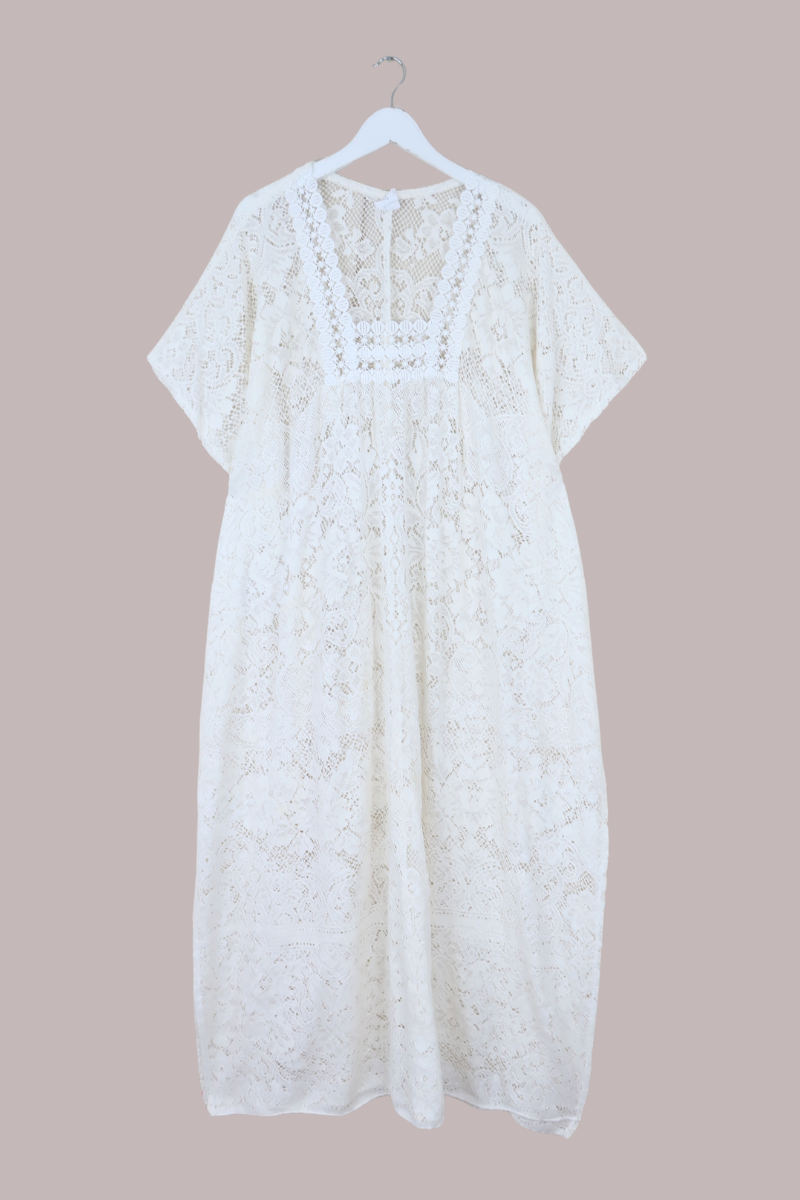 Priscilla Kaftan Dress in Vintage White Lace - Free Size