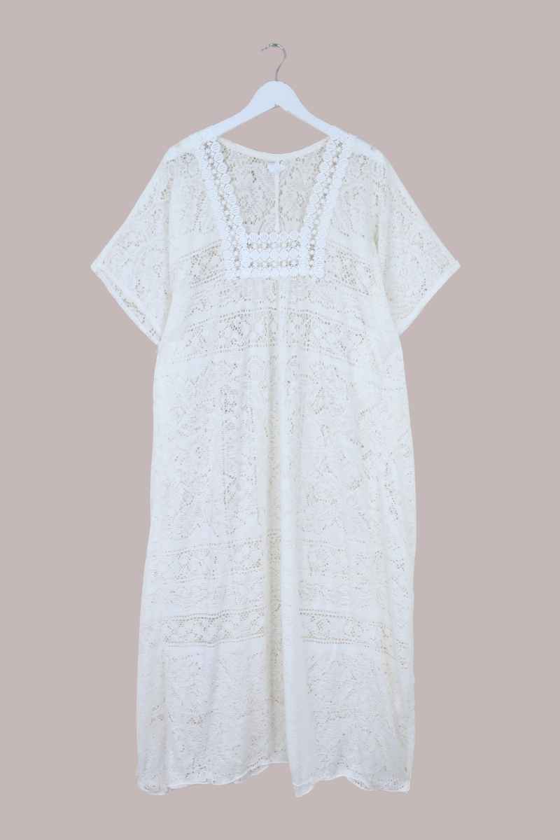 Priscilla Kaftan Dress in Chalk White Lace - Free Size