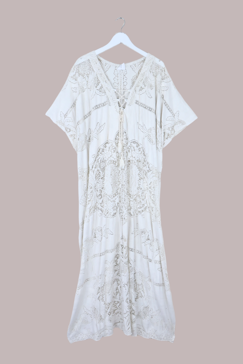 Frida Kaftan Dress in Bone White Lace - Free Size