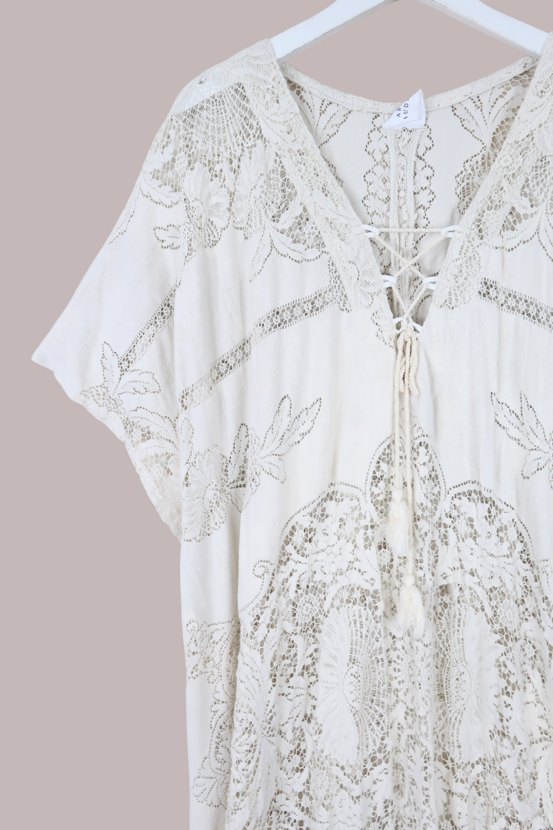 Frida Kaftan Dress in Bone White Lace - Free Size