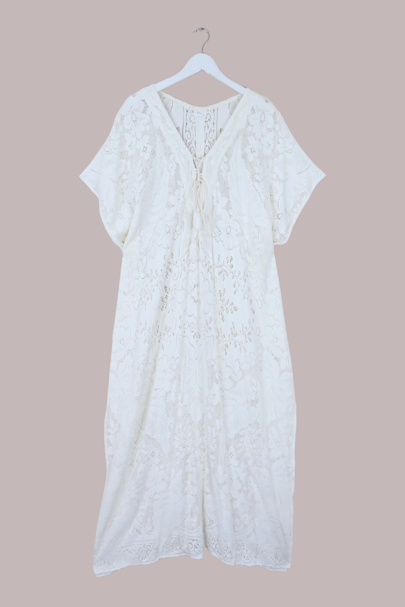 Frida Kaftan Dress in Blossom White Lace - Free Size