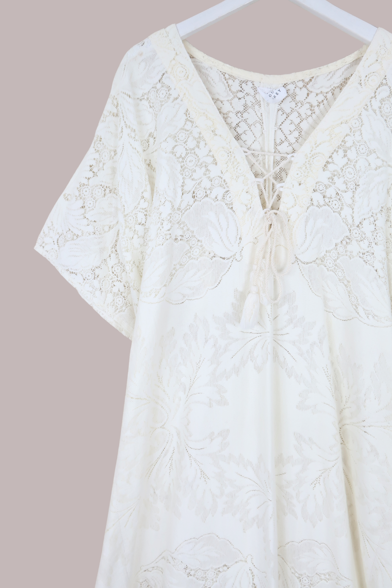 Frida Kaftan Dress in Lily Cream Lace - Free Size