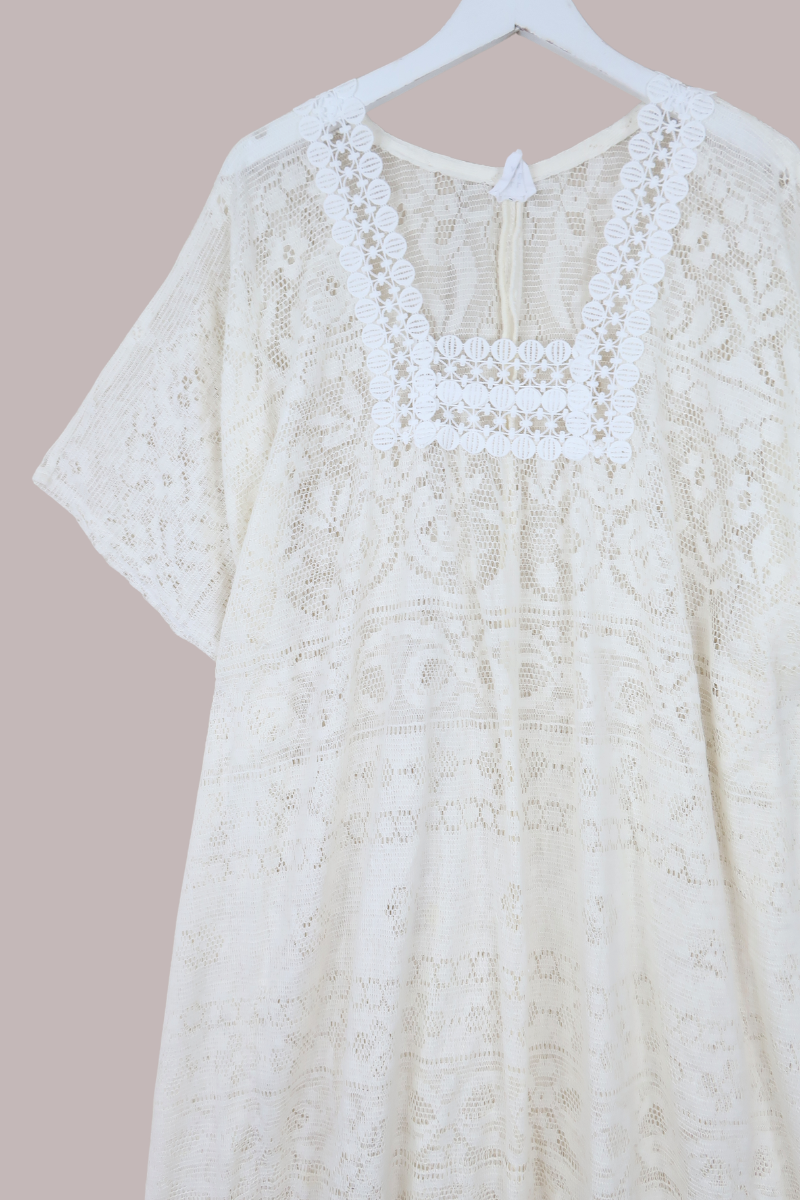 Priscilla Kaftan Dress in Doily Cream Lace - Free Size