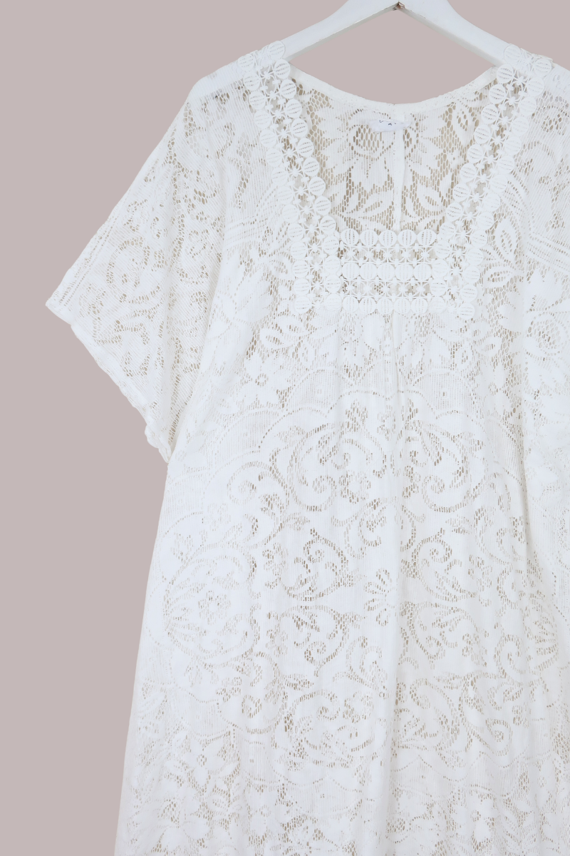 Priscilla Kaftan Dress in Orchid White Lace - Free Size