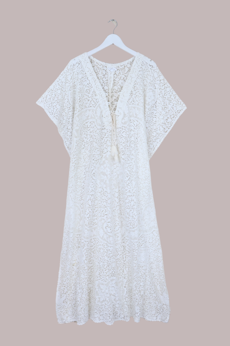 Frida Kaftan Dress in Sicilian White Lace - Free Size