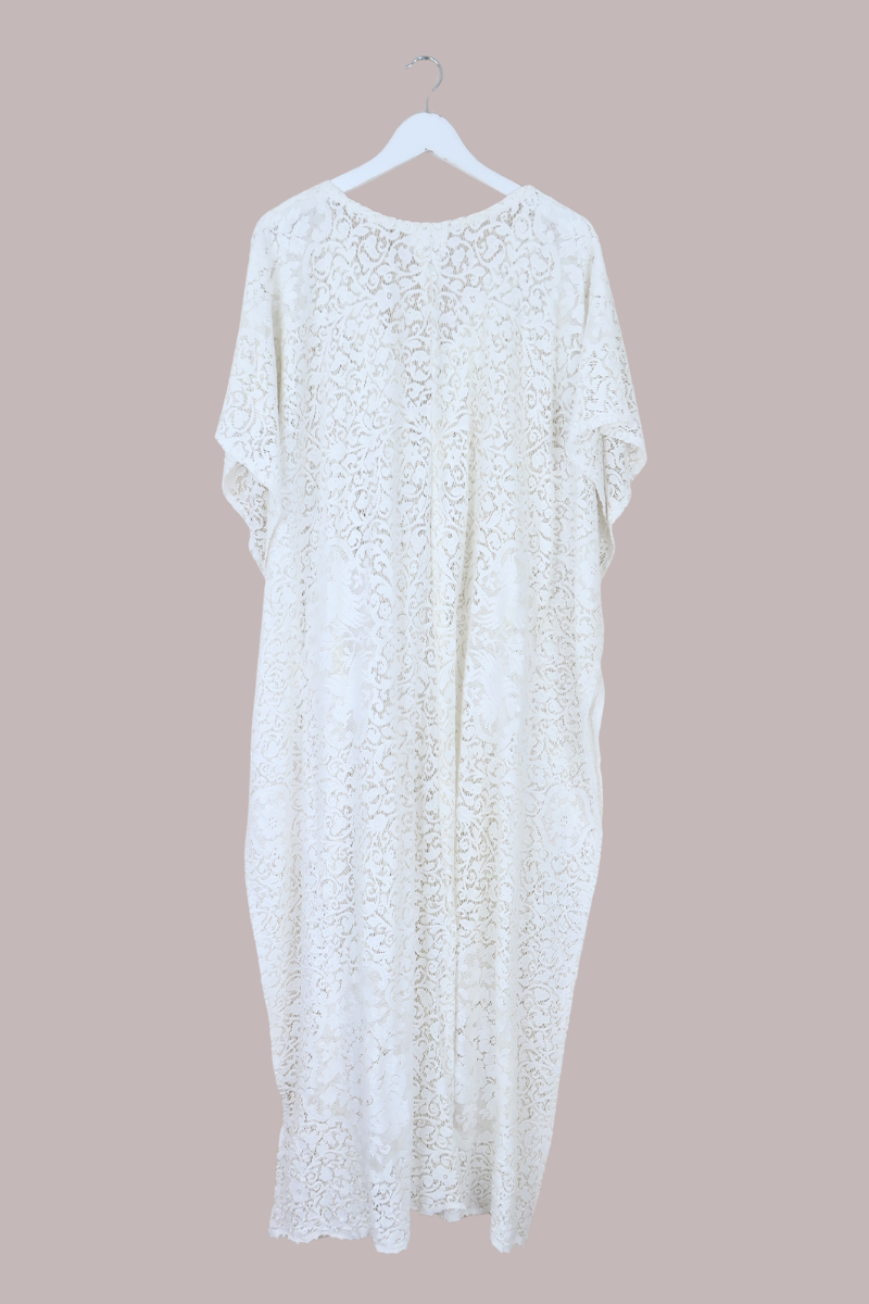 Frida Kaftan Dress in Sicilian White Lace - Free Size