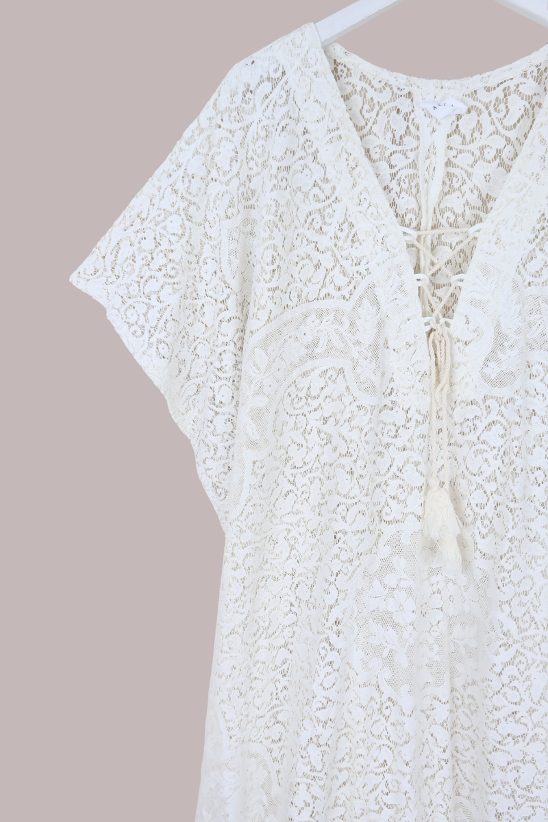 Frida Kaftan Dress in Sicilian White Lace - Free Size