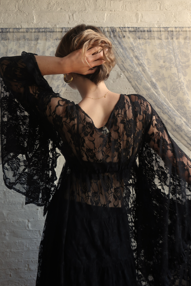 Circe Maxi Gown in Black Swan Chantilly Lace