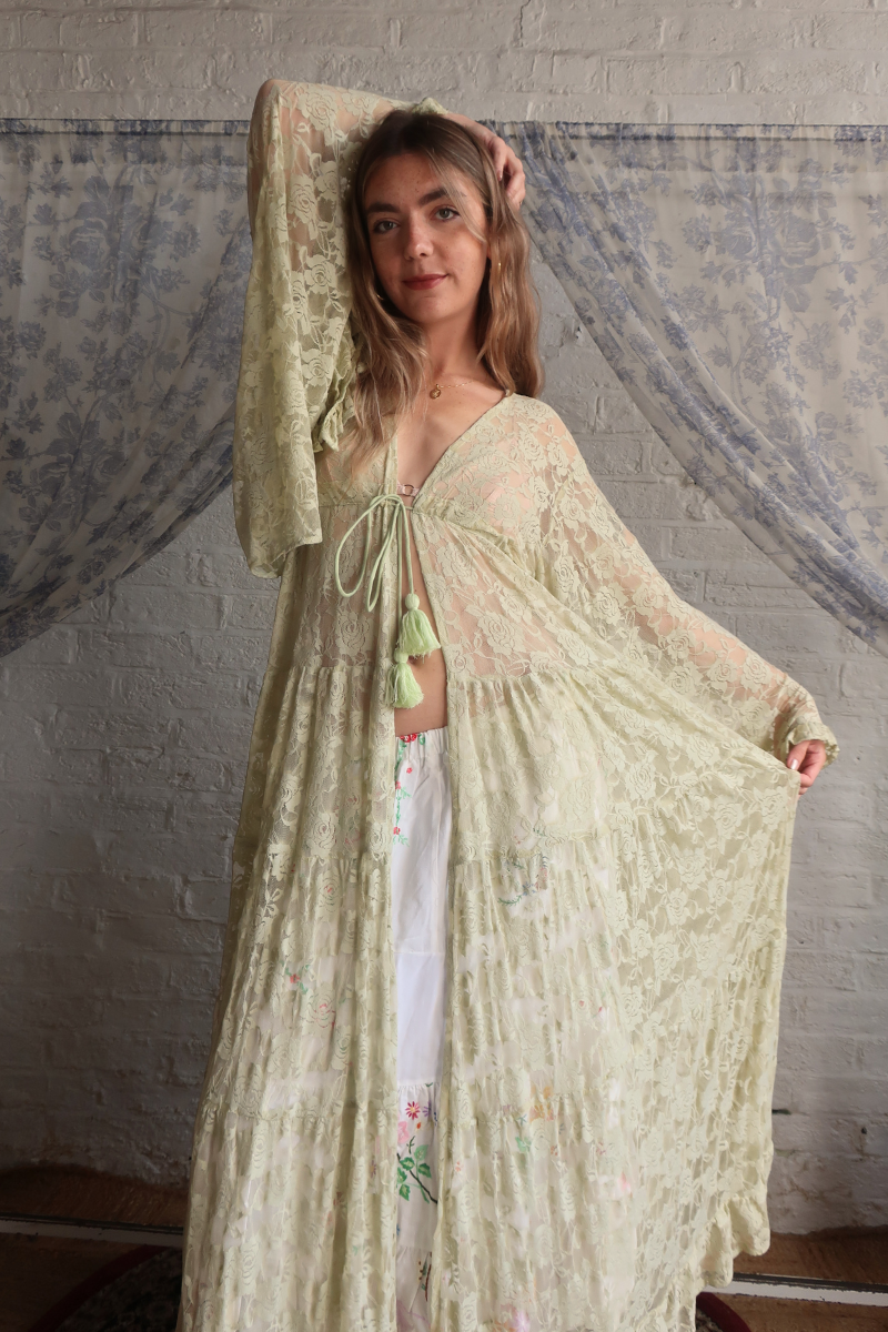 Circe Maxi Gown in Pistachio Green Chantilly Lace